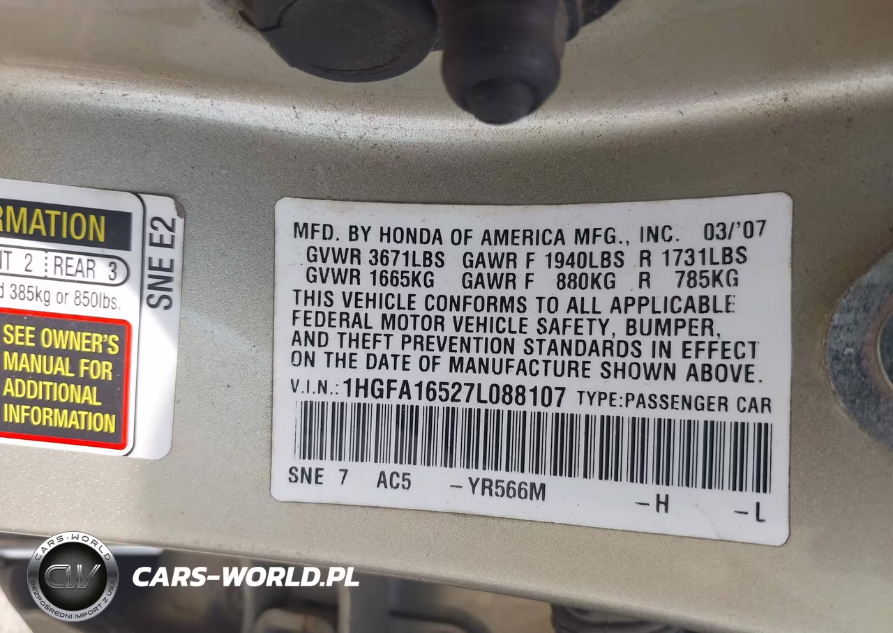 2007 Honda Civic Lx VIN:1HGFA16527L088107 - 9