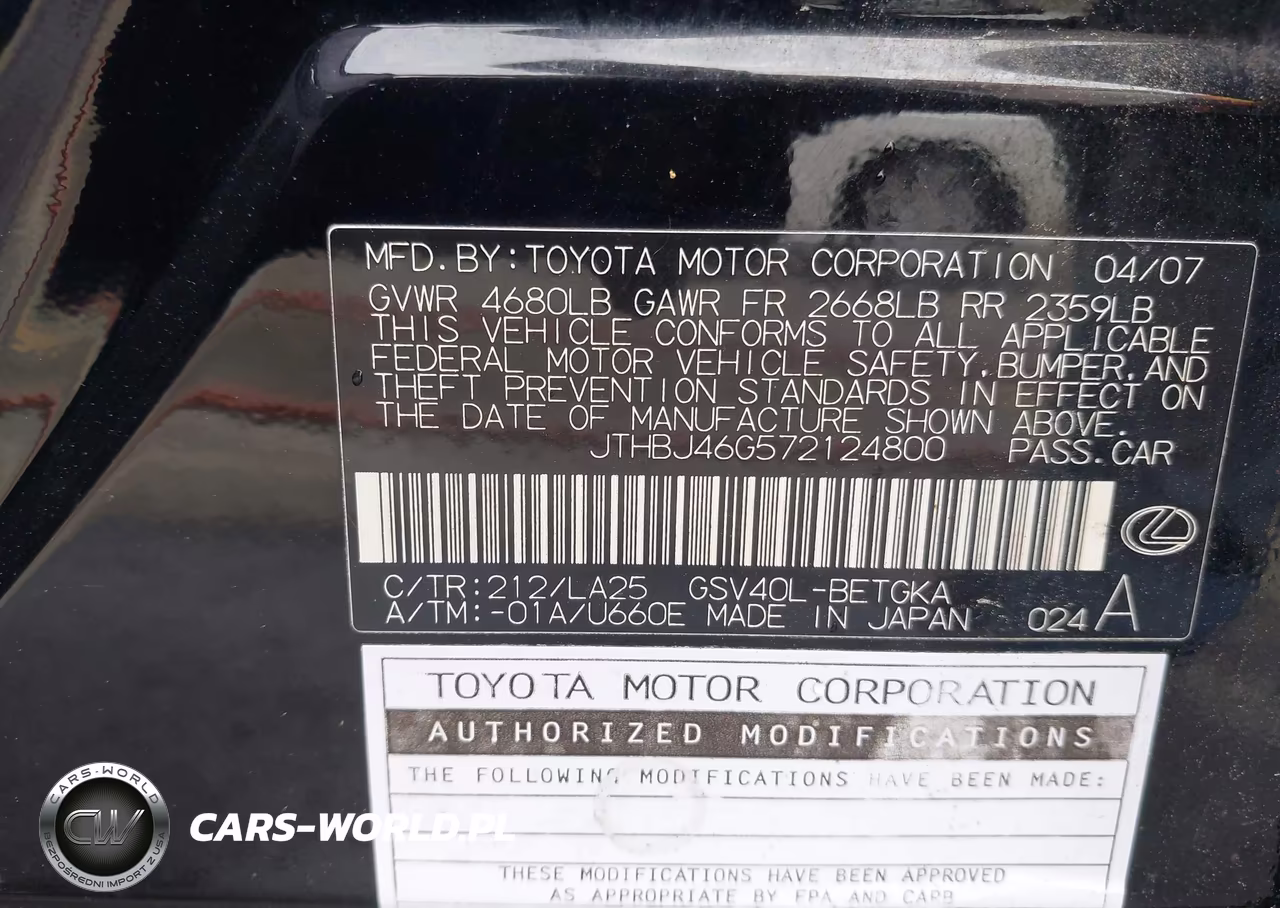 2007 Lexus Es 350 VIN:JTHBJ46G572124800 - 9