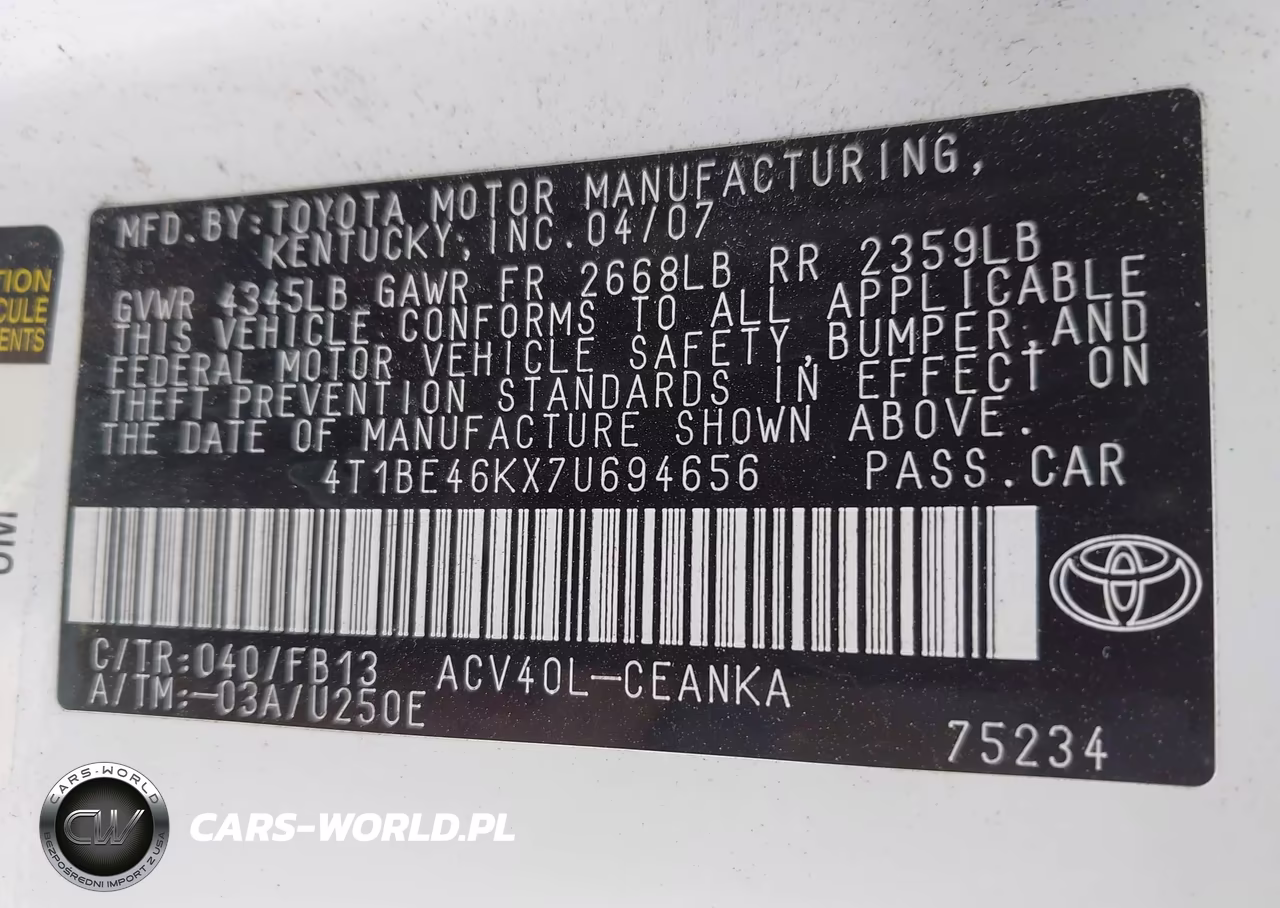 2007 Toyota Camry Le VIN:4T1BE46KX7U694656 - 9