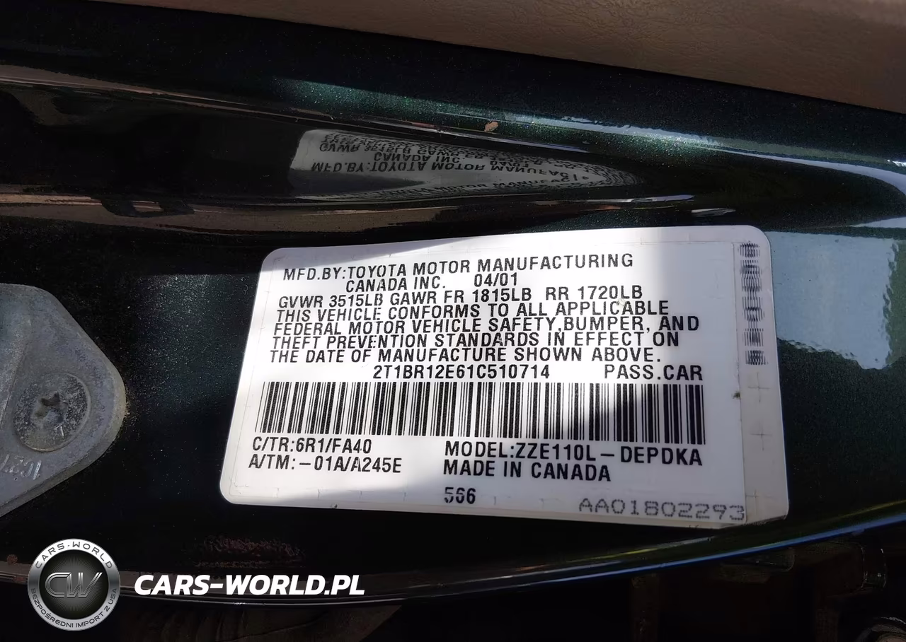 2001 Toyota Corolla Le VIN:2T1BR12E61C510714 - 9