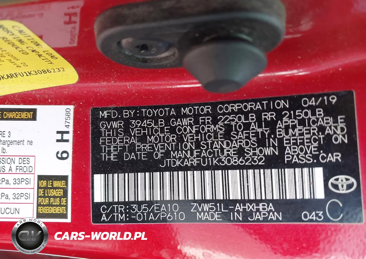 2019 Toyota Prius Xle VIN:JTDKARFU1K3086232 - 9