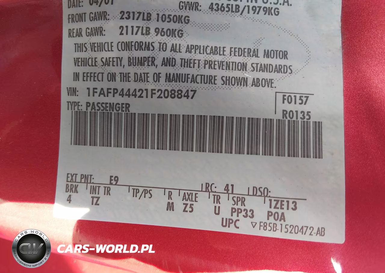 2001 Ford Mustang VIN:1FAFP44421F208847 - 9