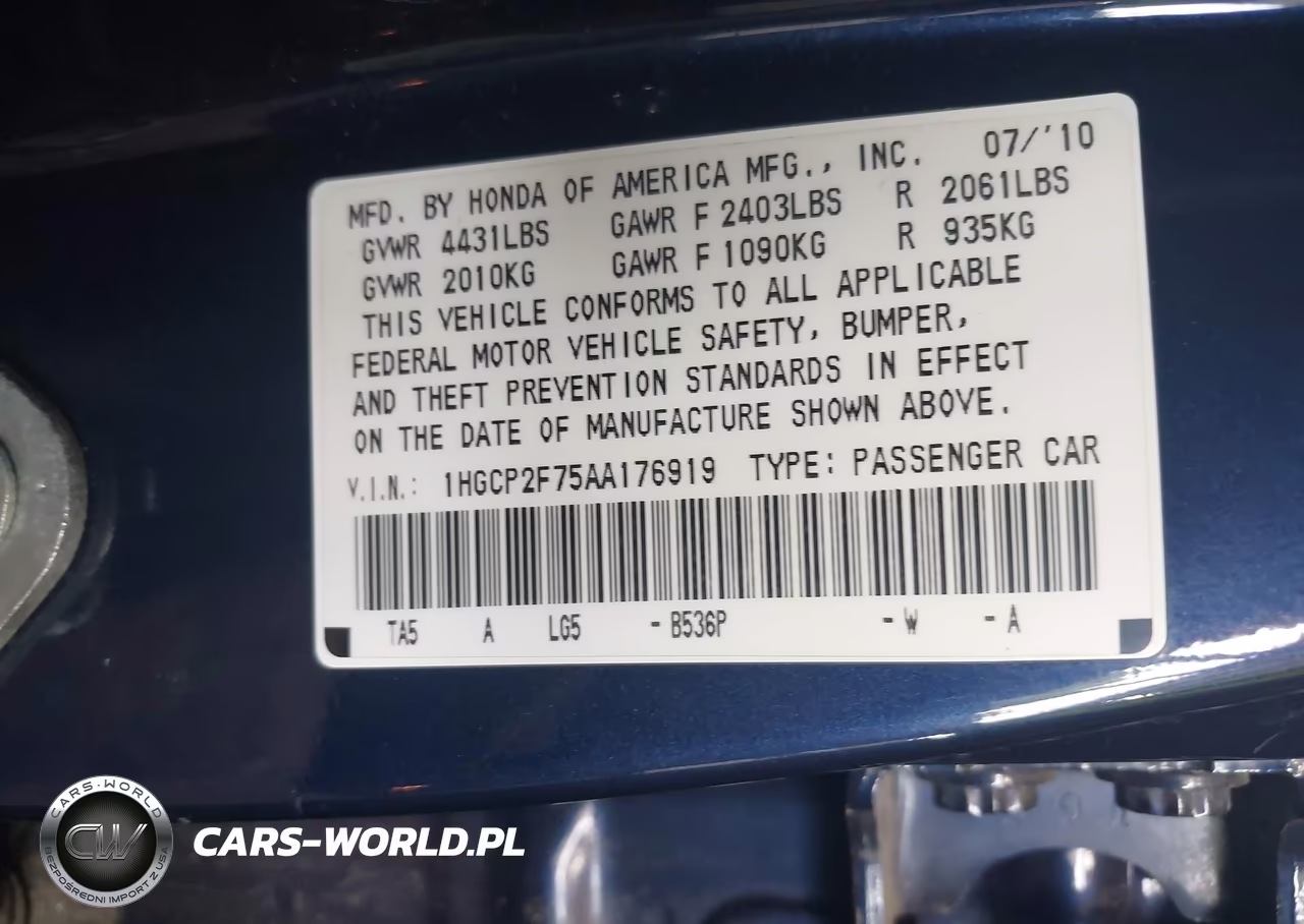 2010 Honda Accord 2.4 Ex VIN:1HGCP2F75AA176919 - 9