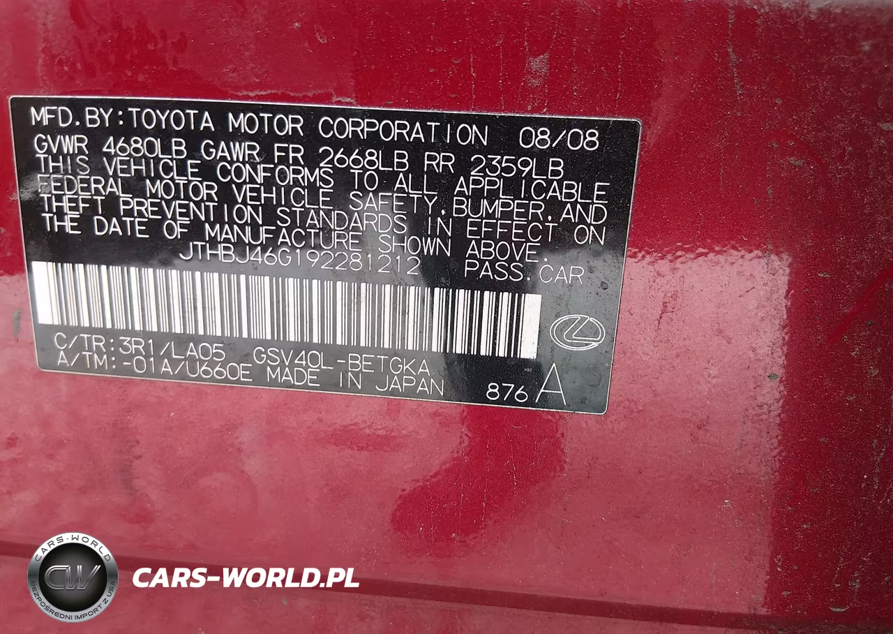 2009 Lexus Es 350 VIN:JTHBJ46G192281212 - 9