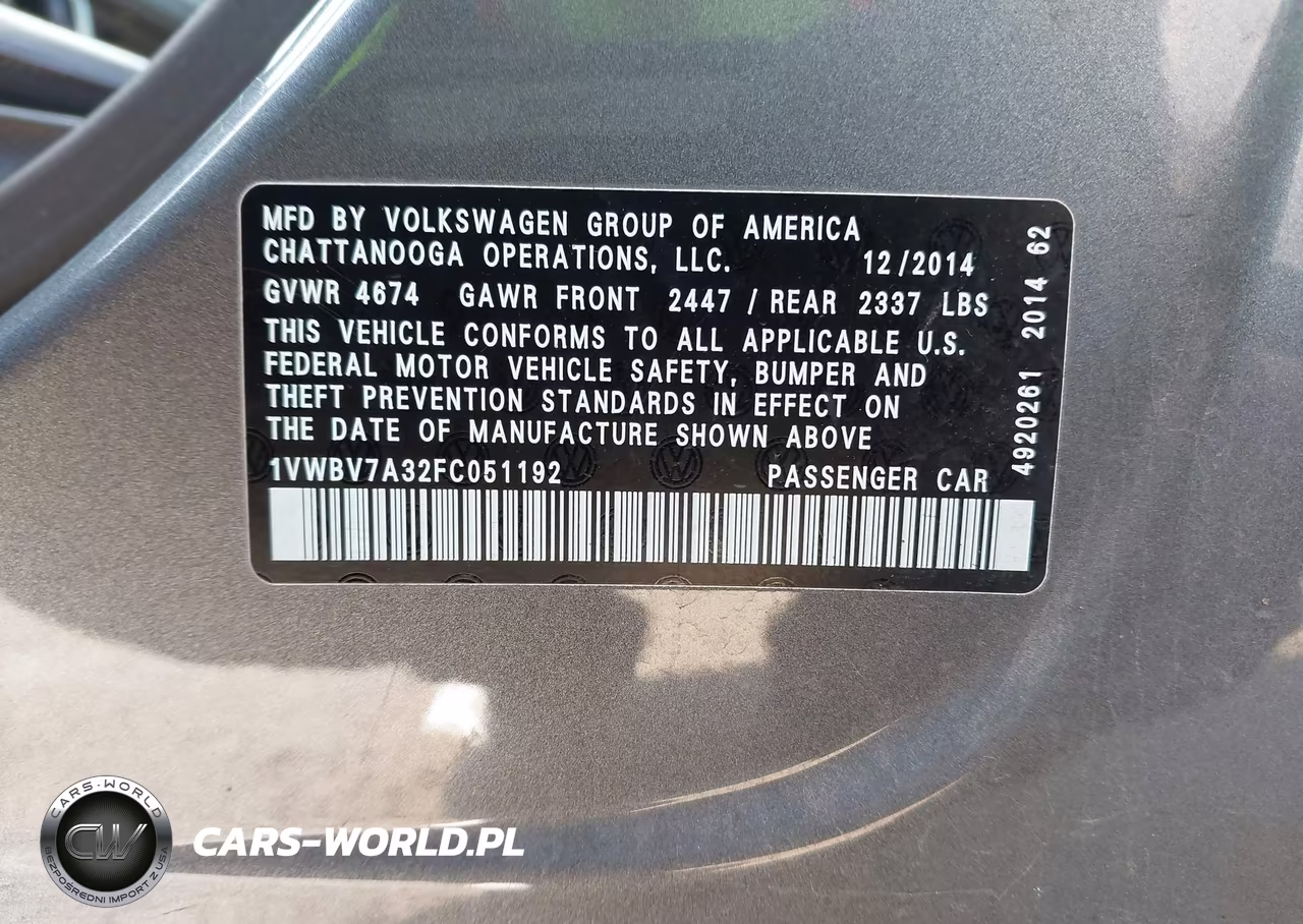 2015 Volkswagen Passat 2.0L Tdi Se VIN:1VWBV7A32FC051192 - 9