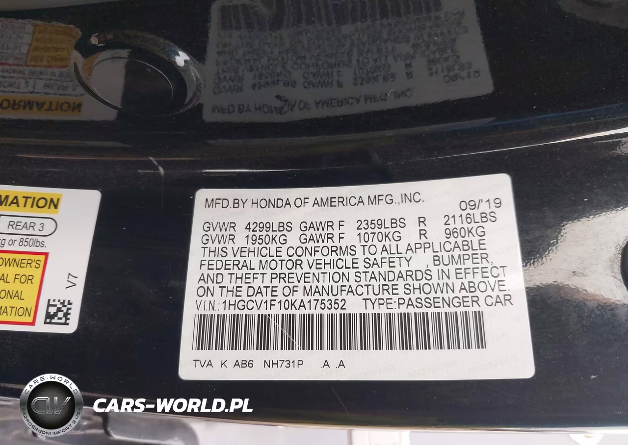 2019 Honda Accord Lx VIN:1HGCV1F10KA175352 - 9