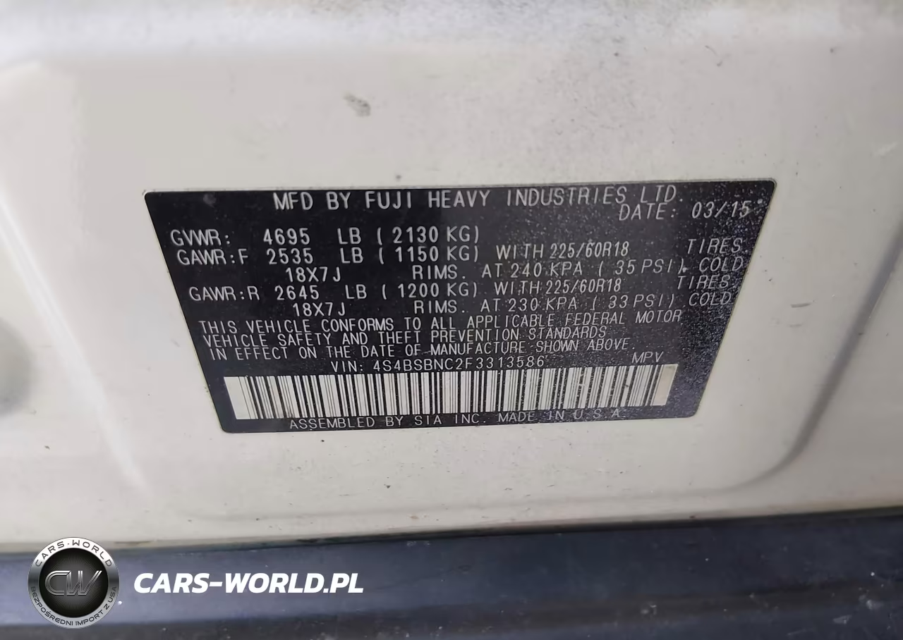 2015 Subaru Outback 2.5I Limited VIN:4S4BSBNC2F3313586 - 9