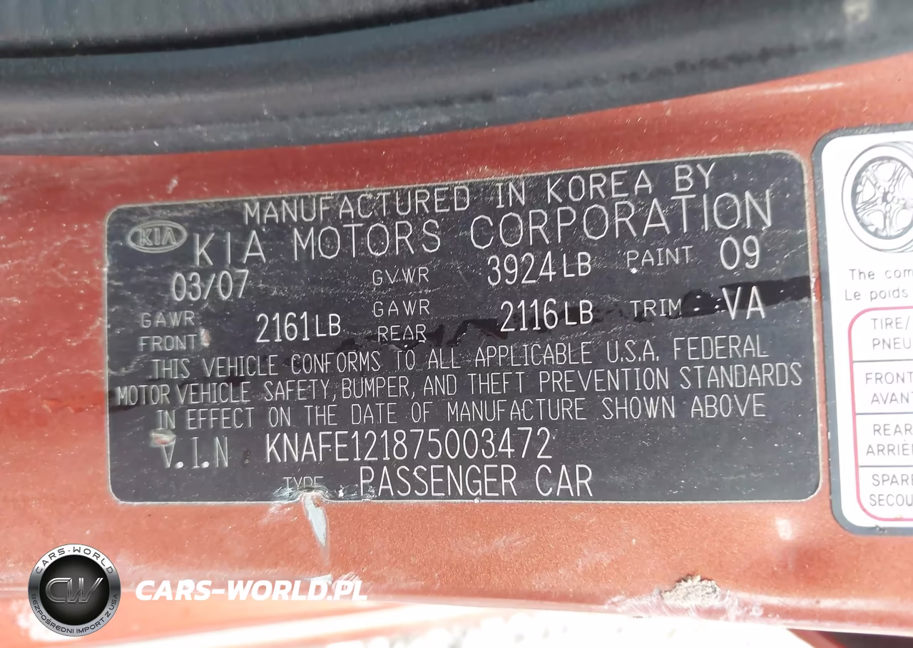 2007 Kia Spectra Sx VIN:KNAFE121875003472 - 9