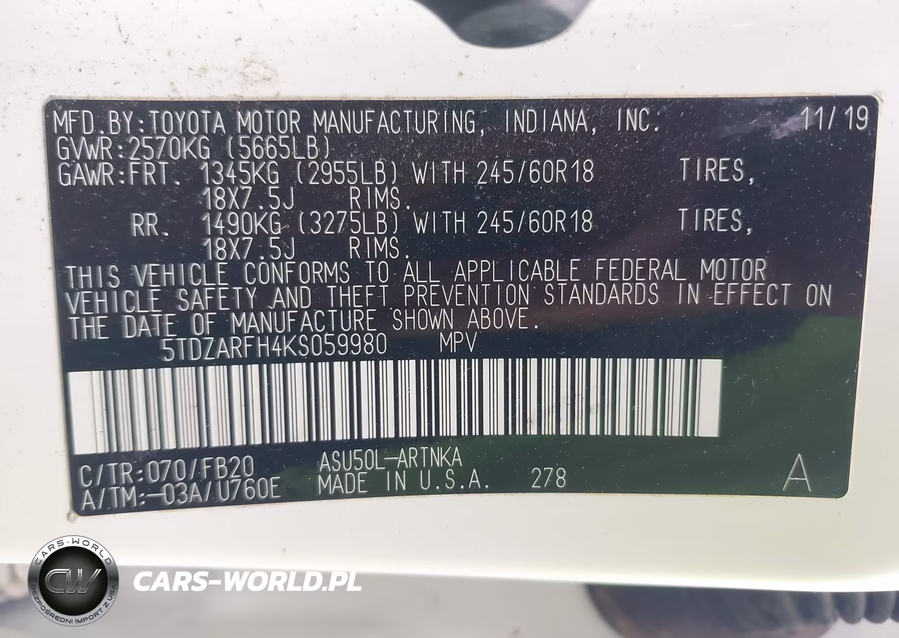 2019 Toyota Highlander Le VIN:5TDZARFH4KS059980 - 9