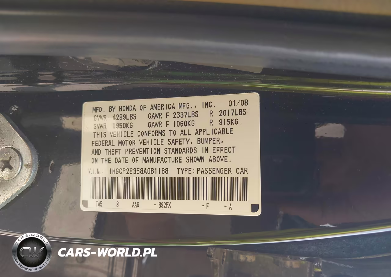 2008 Honda Accord 2.4 Lx VIN:1HGCP26358A081168 - 9