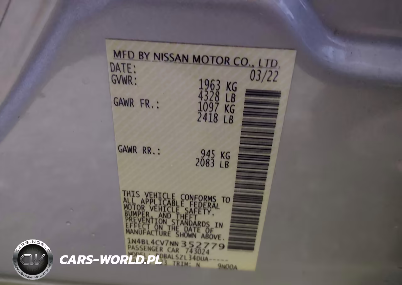 2022 Nissan Altima Sr Fwd VIN:1N4BL4CV7NN352779 - 9