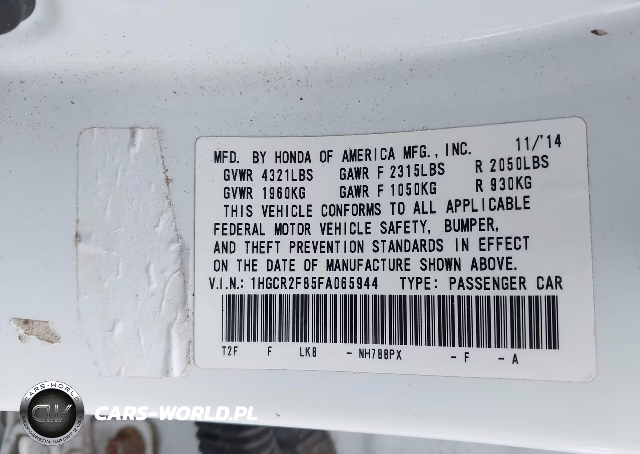 2015 Honda Accord Ex-L VIN:1HGCR2F85FA065944 - 9