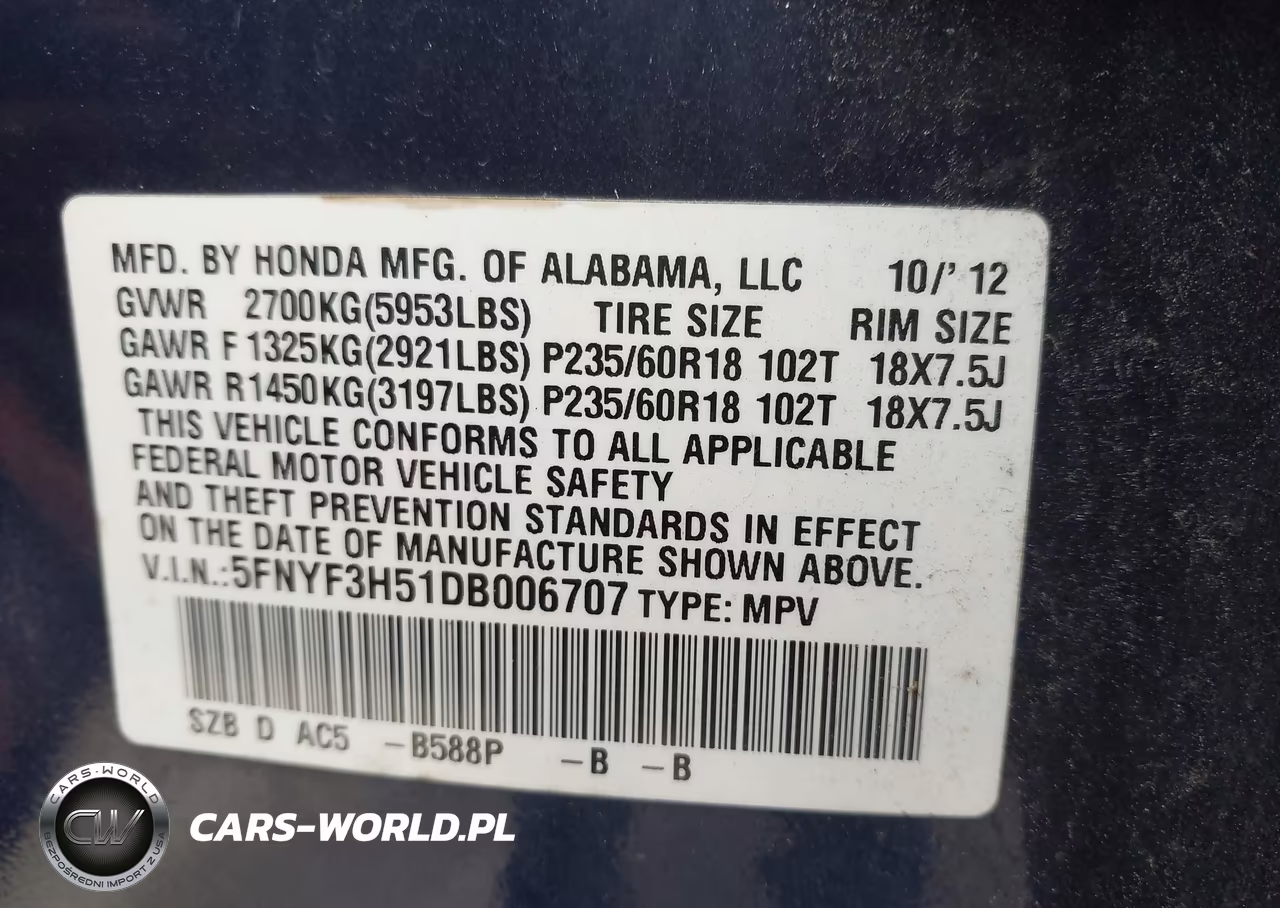 2013 Honda Pilot Ex-L VIN:5FNYF3H51DB006707 - 9