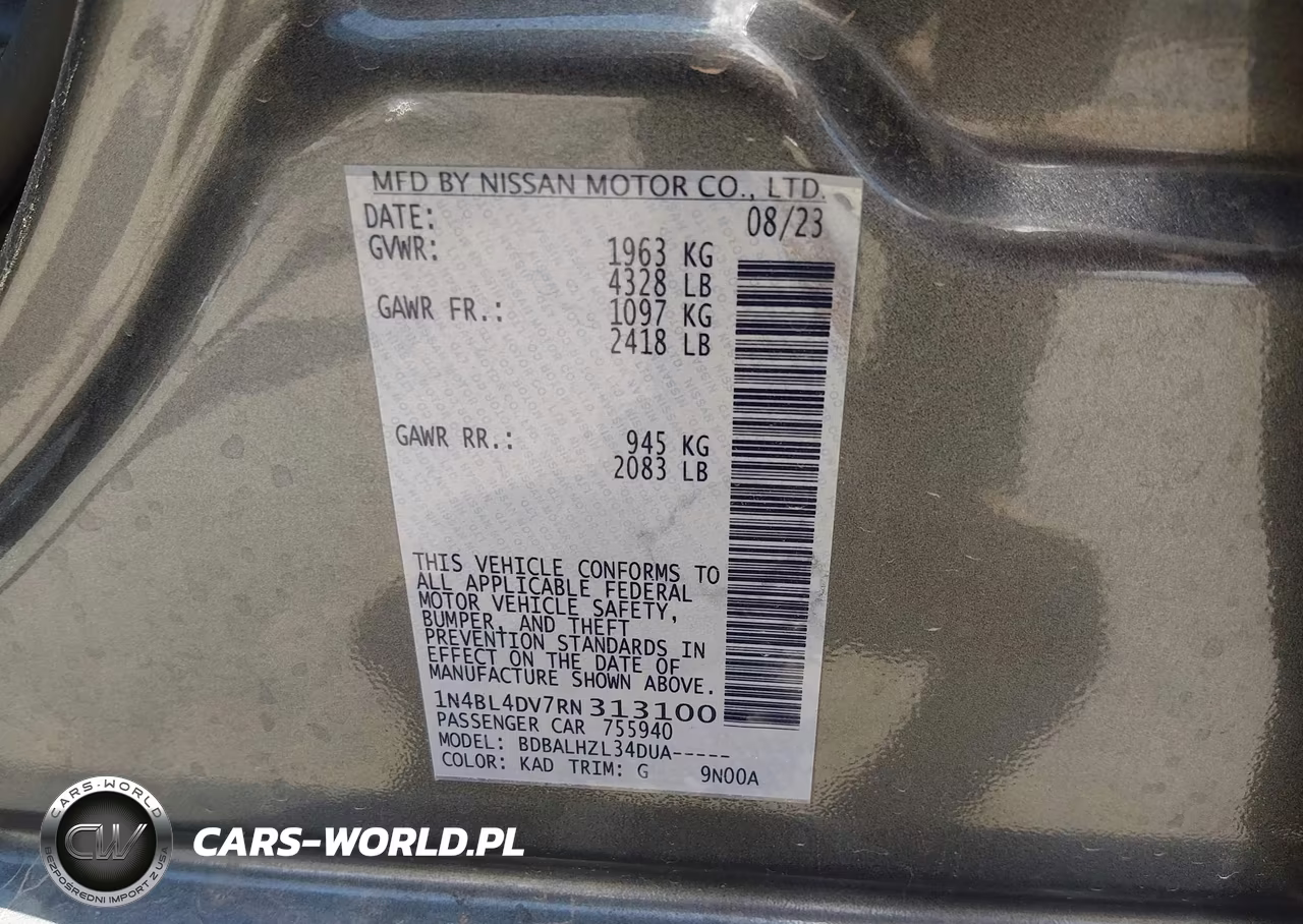 2024 Nissan Altima Sv Fwd VIN:1N4BL4DV7RN313100 - 9