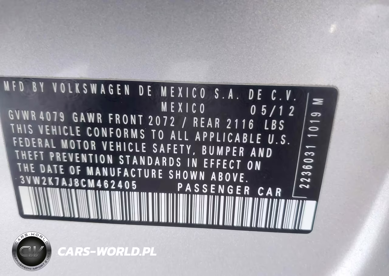 2012 Volkswagen Jetta 2.0L S VIN:3VW2K7AJ8CM462405 - 9