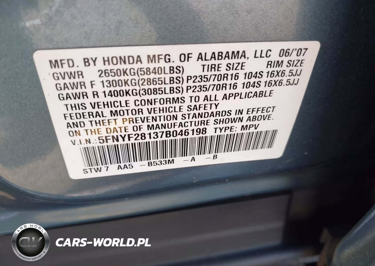 2007 Honda Pilot Lx VIN:5FNYF28137B046198 - 9