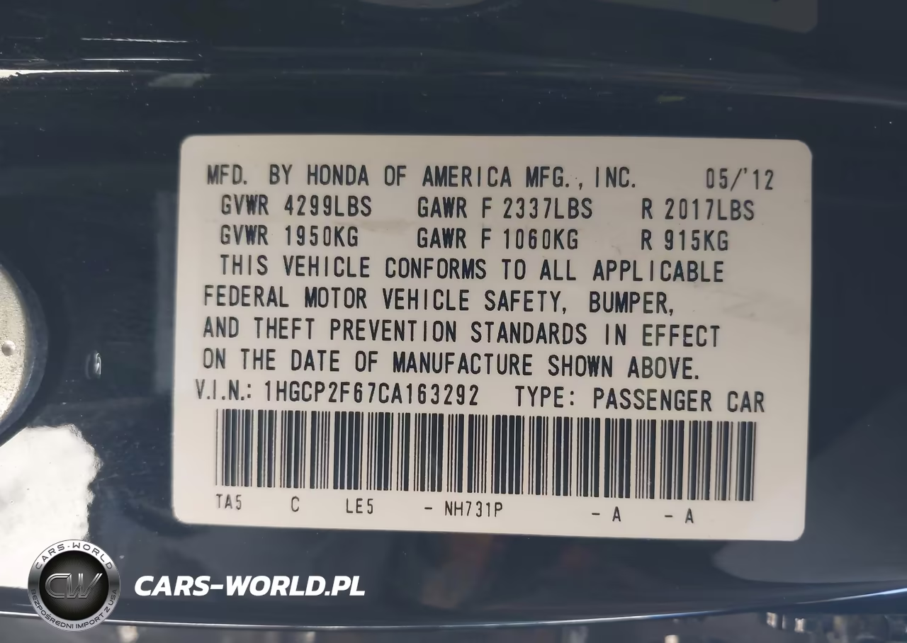 2012 Honda Accord 2.4 Se VIN:1HGCP2F67CA163292 - 9