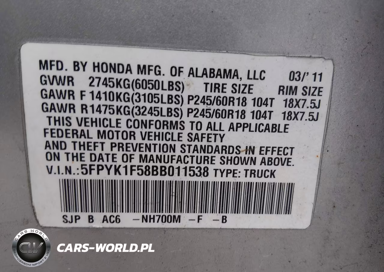 2011 Honda Ridgeline Rtl VIN:5FPYK1F58BB011538 - 9