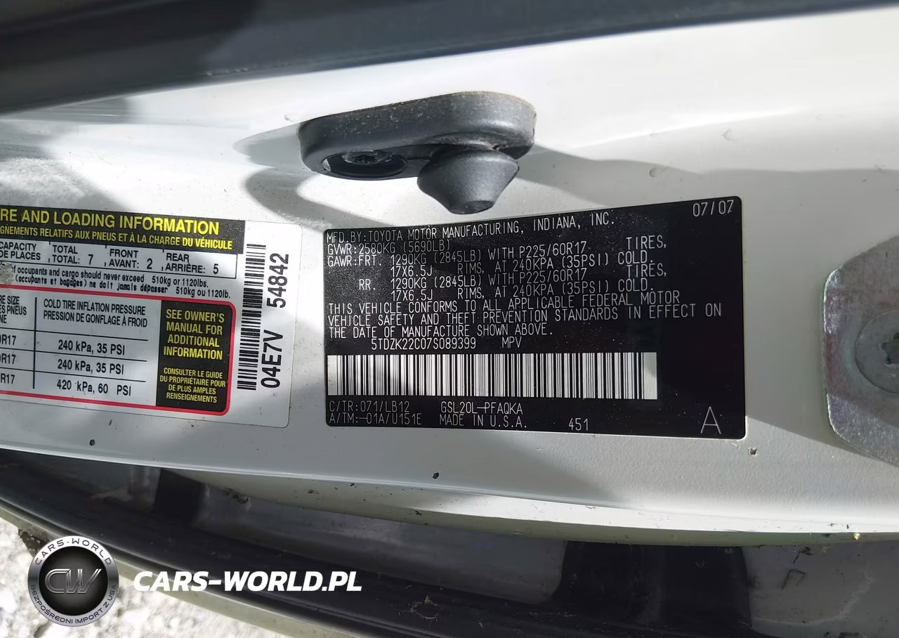 2007 Toyota Sienna Xle VIN:5TDZK22C07S089399 - 9