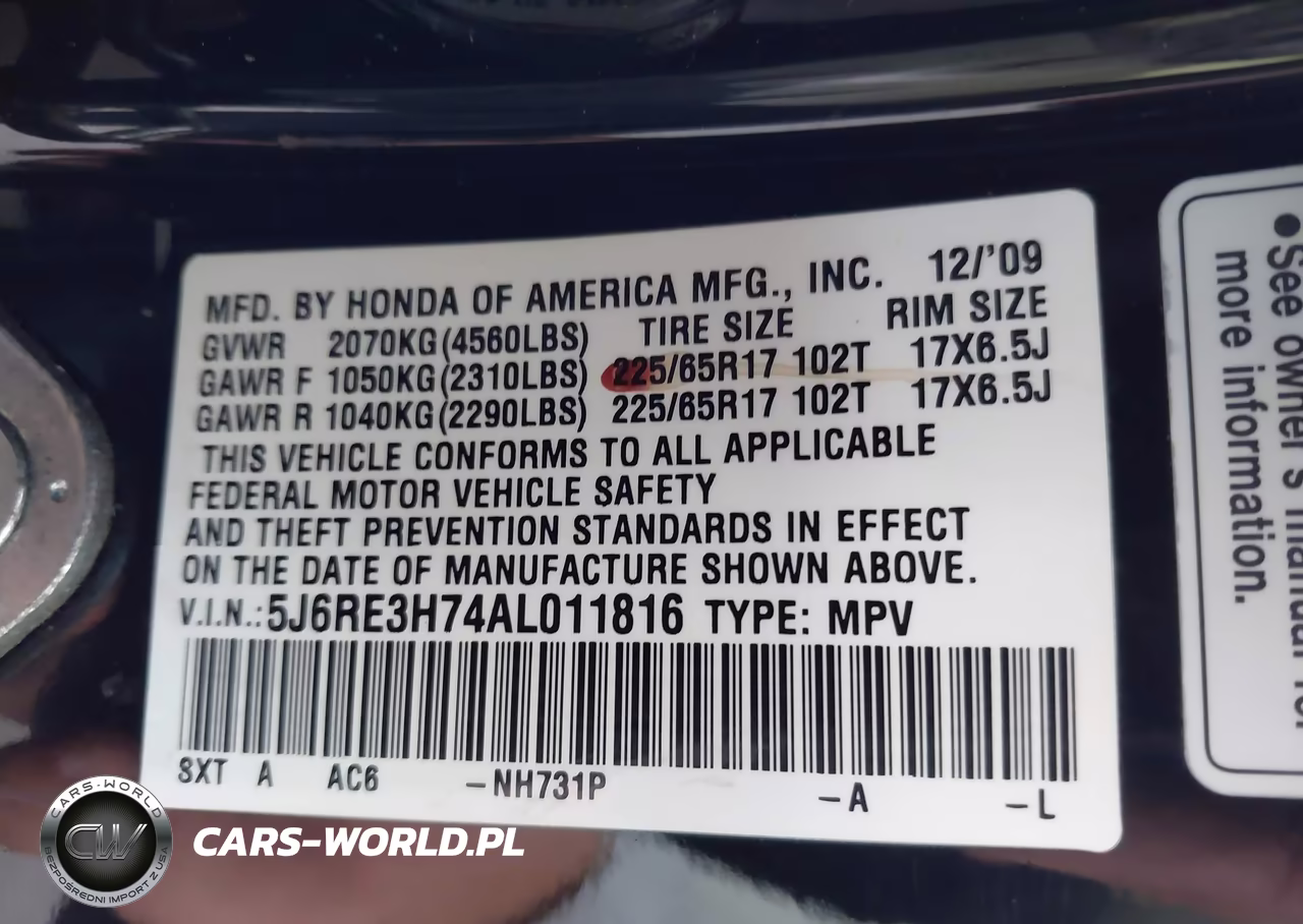 2010 Honda Cr-V Ex-L VIN:5J6RE3H74AL011816 - 9