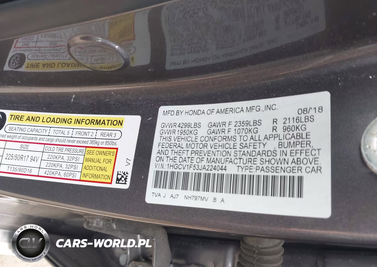 2018 Honda Accord Ex-L VIN:1HGCV1F53JA224044 - 9