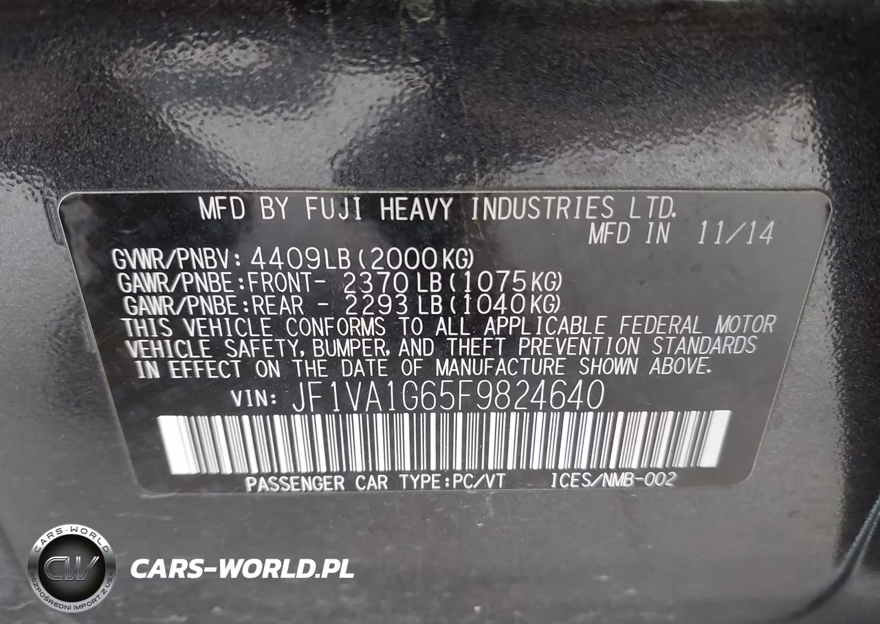 2015 Subaru Wrx Limited VIN:JF1VA1G65F9824640 - 9