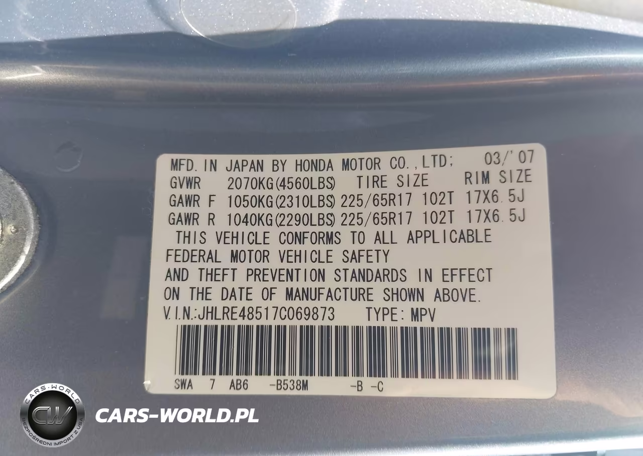 2007 Honda Cr-V Ex VIN:JHLRE48517C069873 - 9