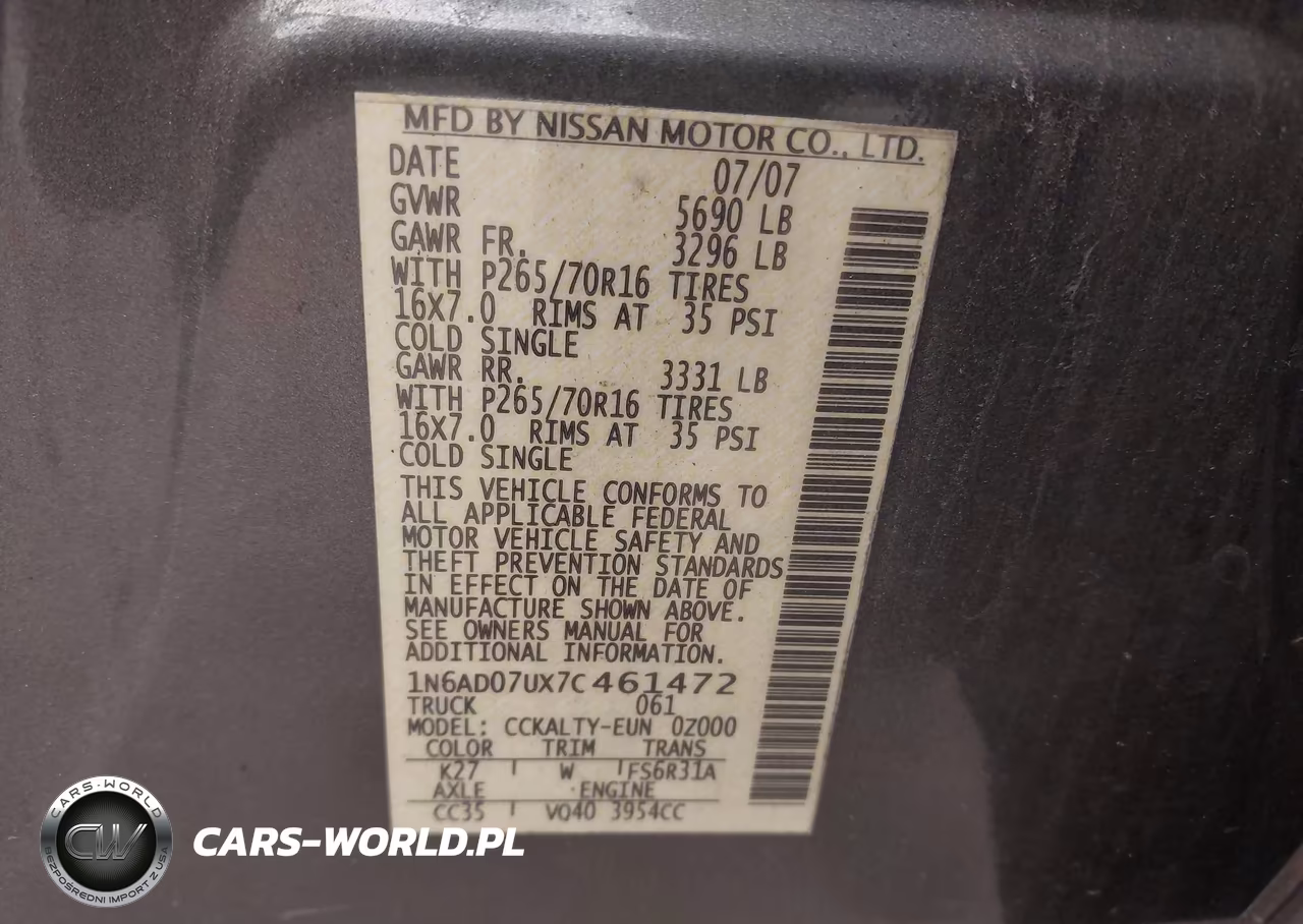 2007 Nissan Frontier Se VIN:1N6AD07UX7C461472 - 9