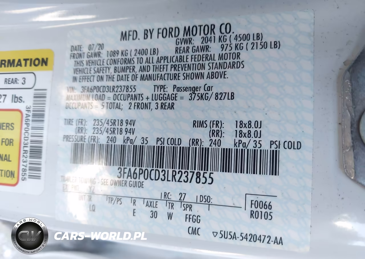 2020 Ford Fusion Sel VIN:3FA6P0CD3LR237855 - 9
