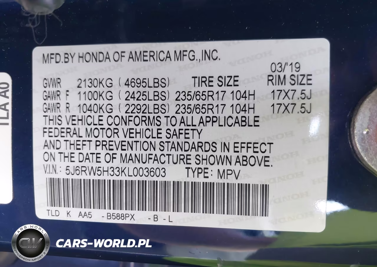 2019 Honda Cr-V Lx VIN:5J6RW5H33KL003603 - 9
