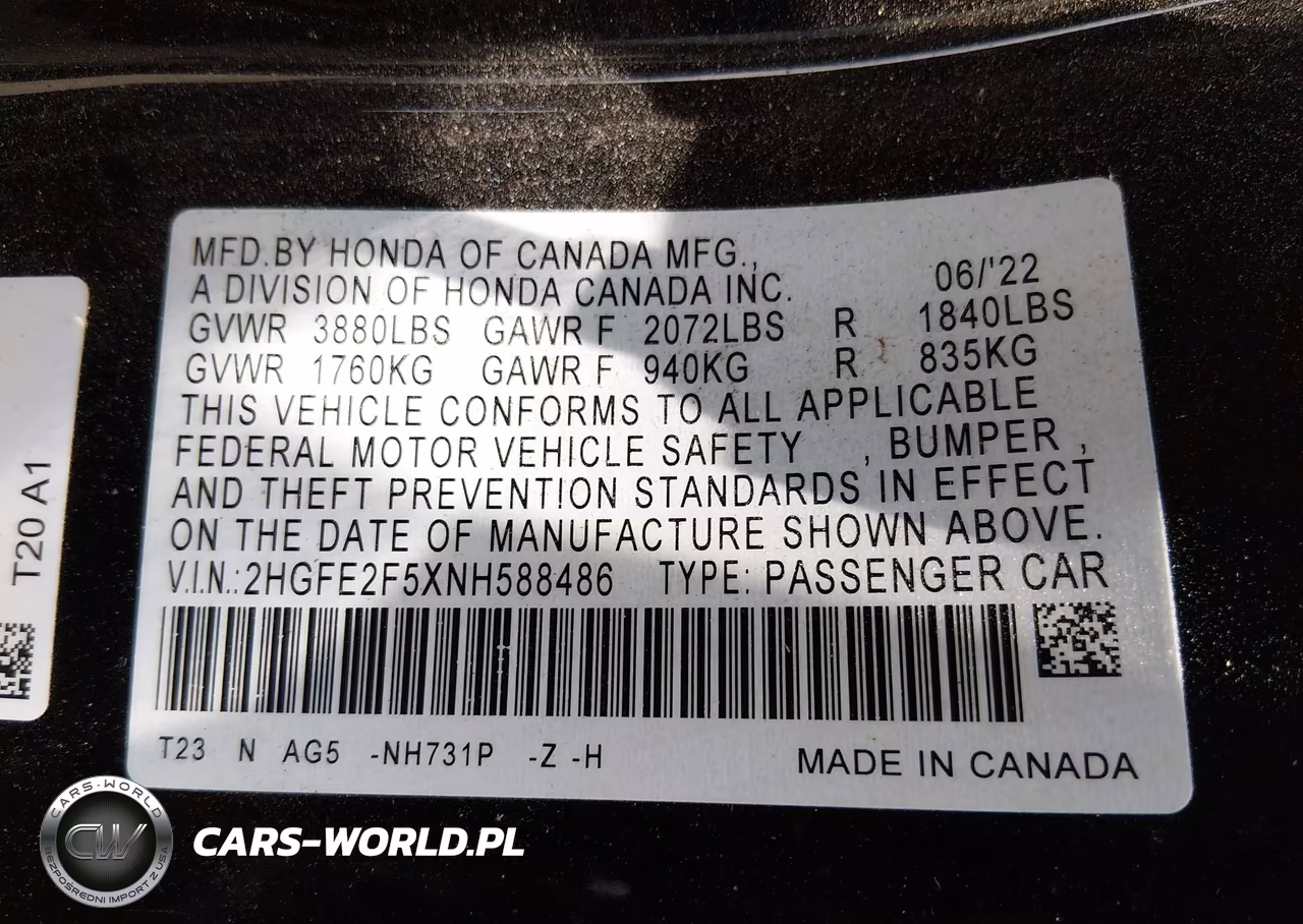 2022 Honda Civic Sport VIN:2HGFE2F5XNH588486 - 9