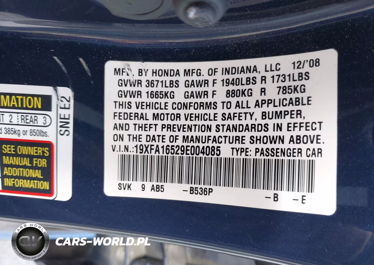 2009 Honda Civic Lx VIN:19XFA16529E004085 - 9