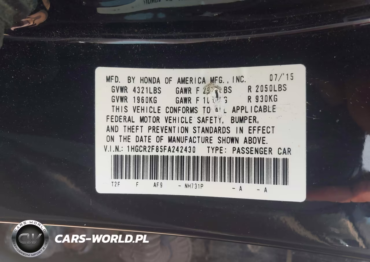 2015 Honda Accord Ex-L VIN:1HGCR2F85FA242430 - 9