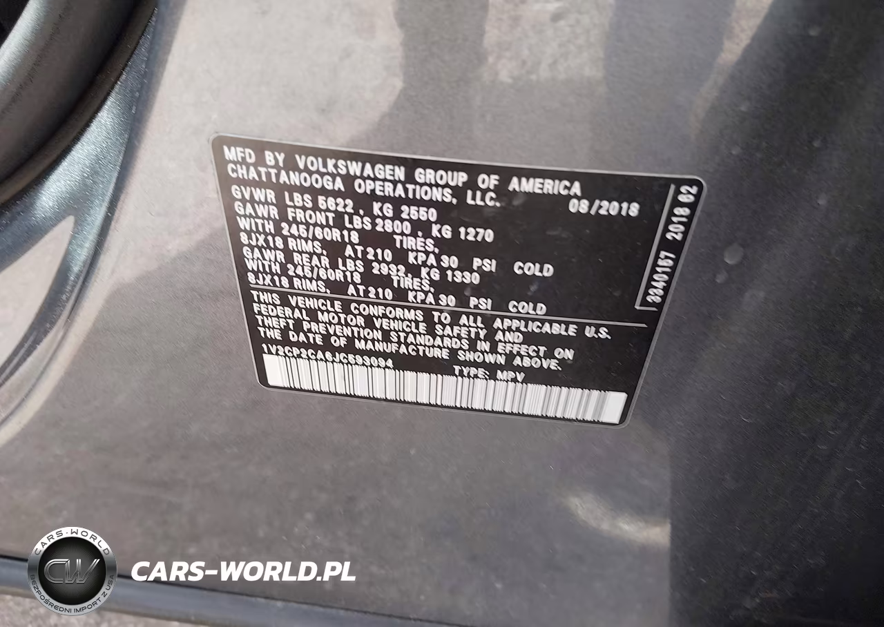 2018 Volkswagen Atlas 2.0T Se VIN:1V2CP2CA6JC593094 - 9