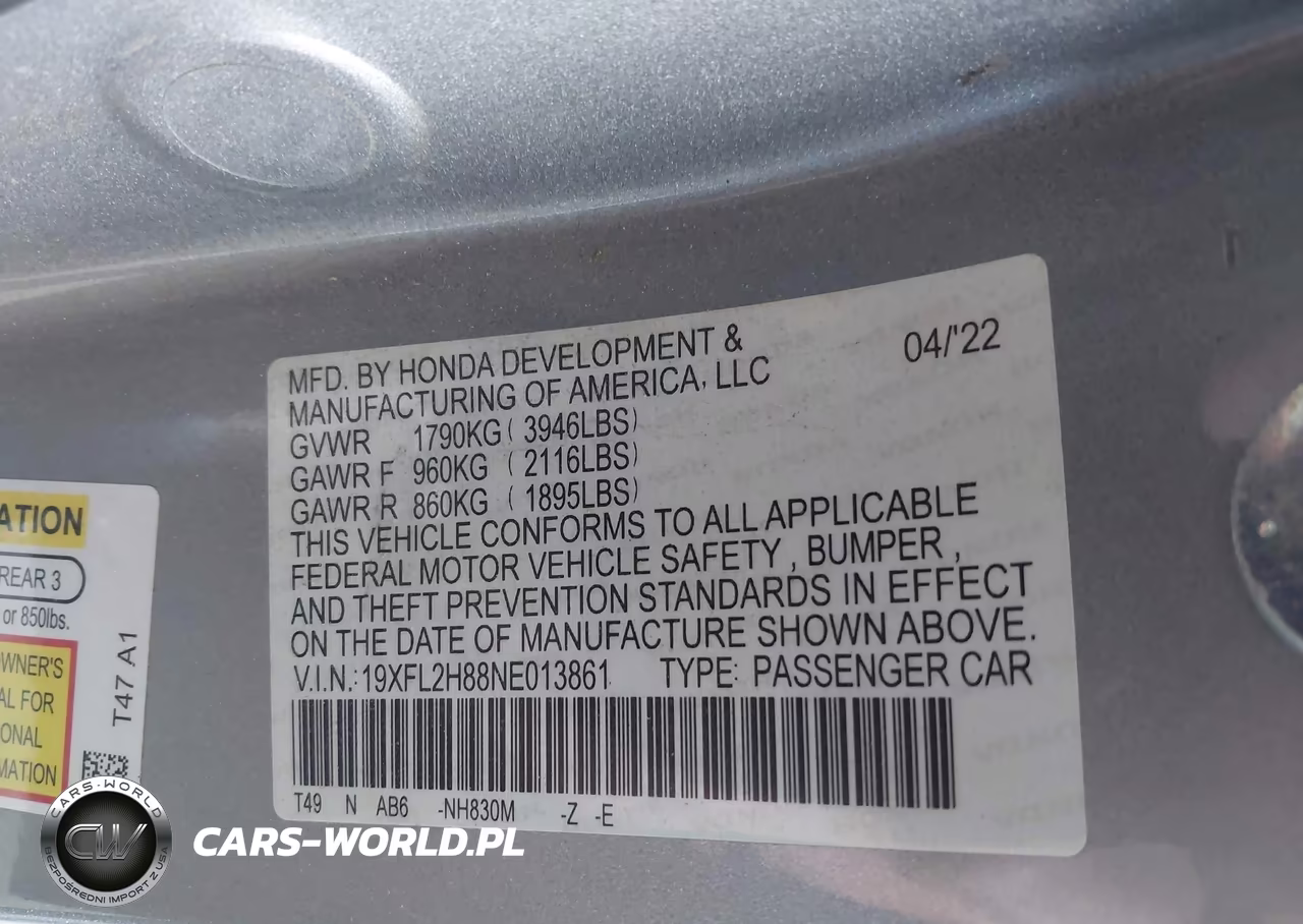 2022 Honda Civic Sport VIN:19XFL2H88NE013861 - 9
