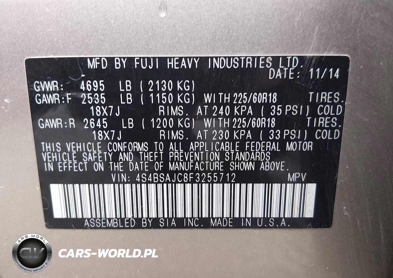 2015 Subaru Outback 2.5I Limited VIN:4S4BSAJC8F3255712 - 9