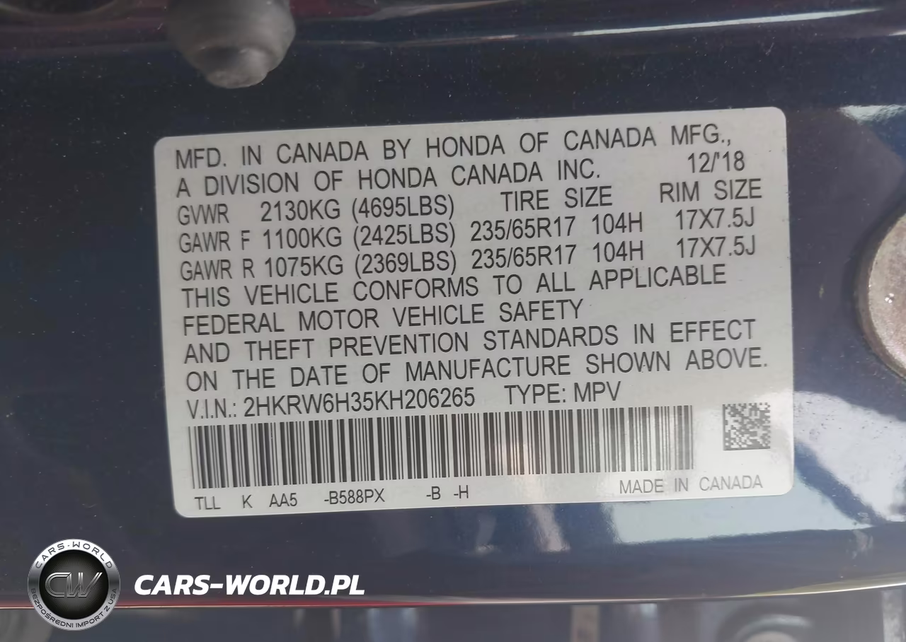 2019 Honda Cr-V Lx VIN:2HKRW6H35KH206265 - 9