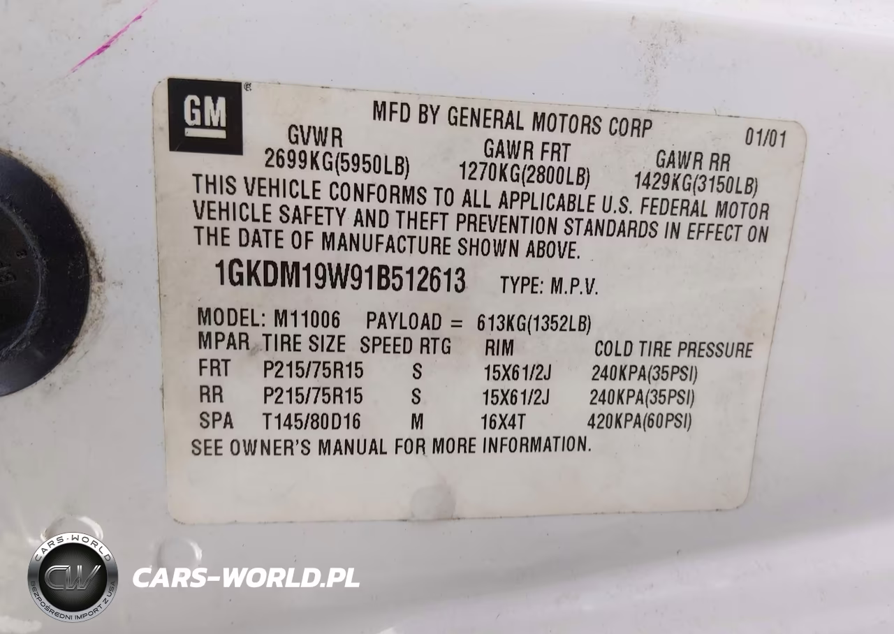 2001 GMC Safari Sle VIN:1GKDM19W91B512613 - 9