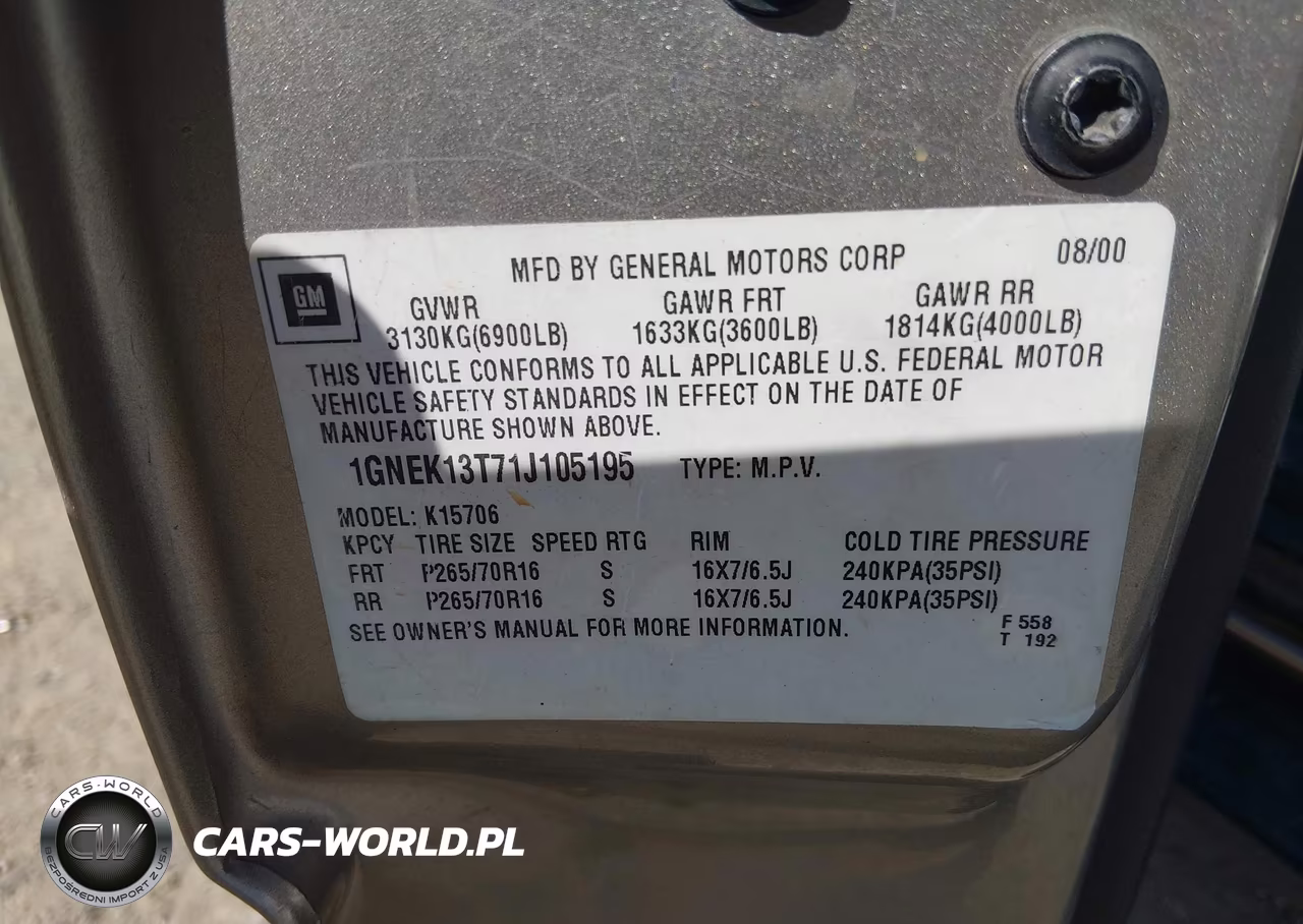 2001 Chevrolet Tahoe Lt VIN:1GNEK13T71J105195 - 9