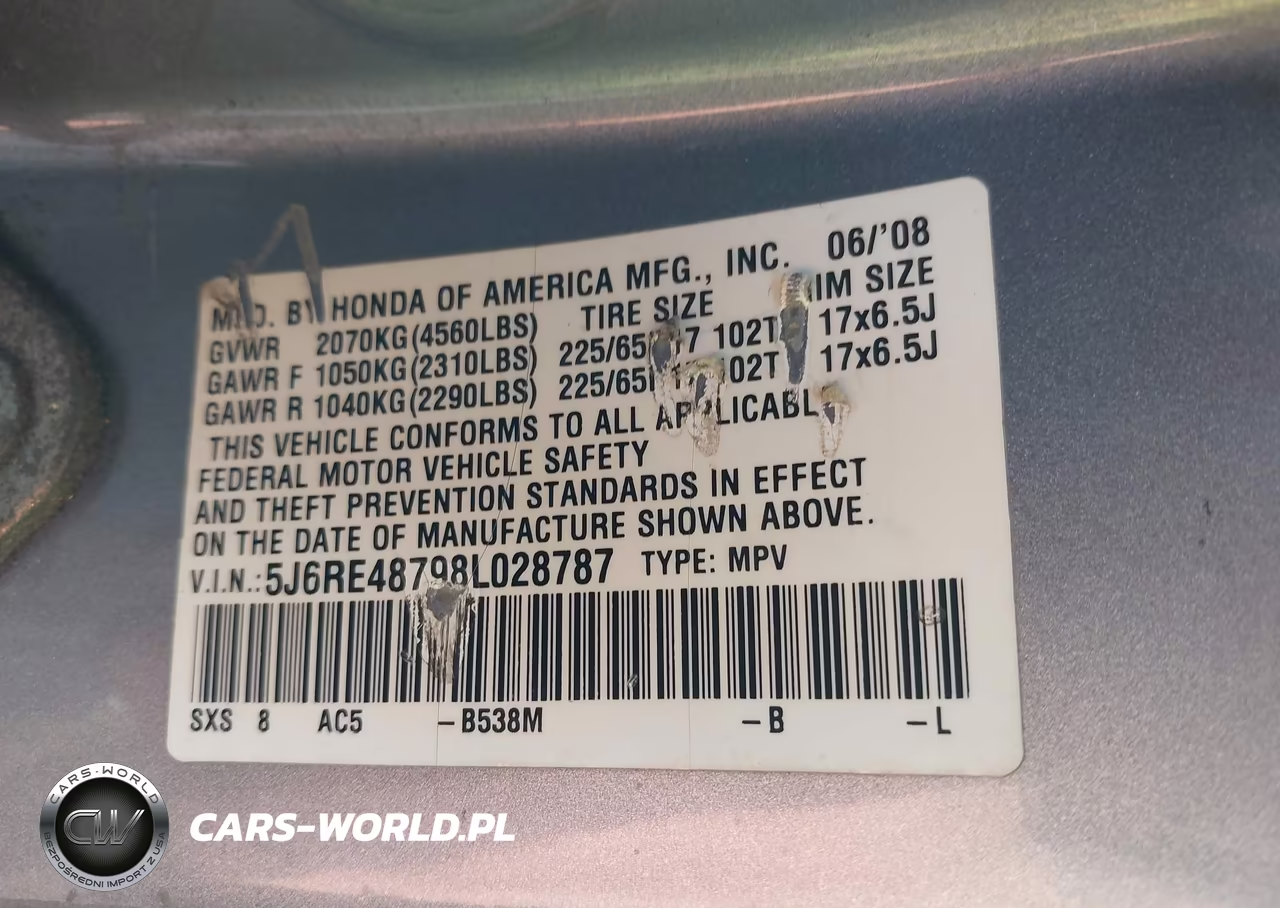 2008 Honda Cr-V Ex-L VIN:5J6RE48798L028787 - 9