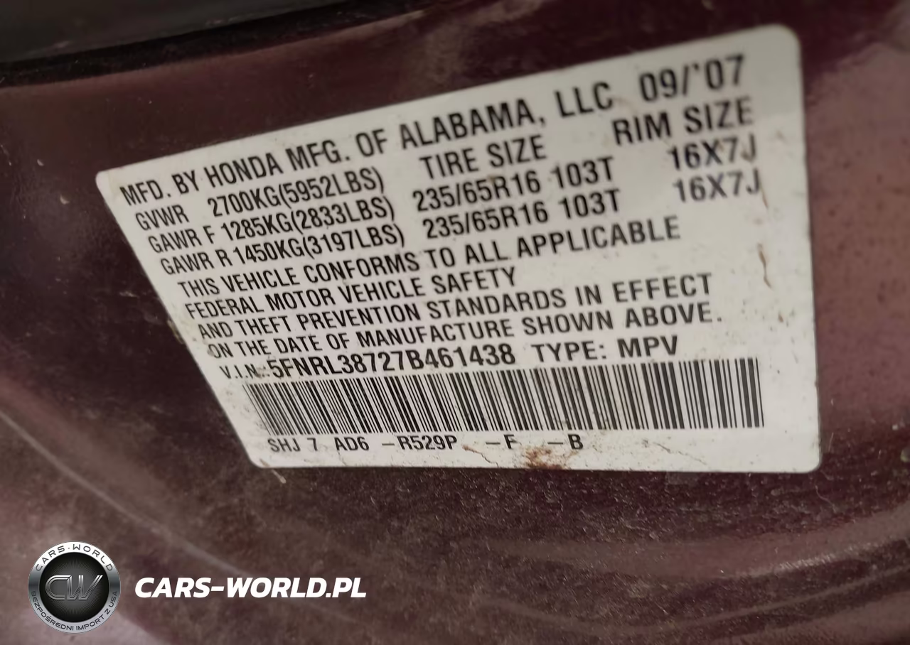 2007 Honda Odyssey Ex-L VIN:5FNRL38727B461438 - 9