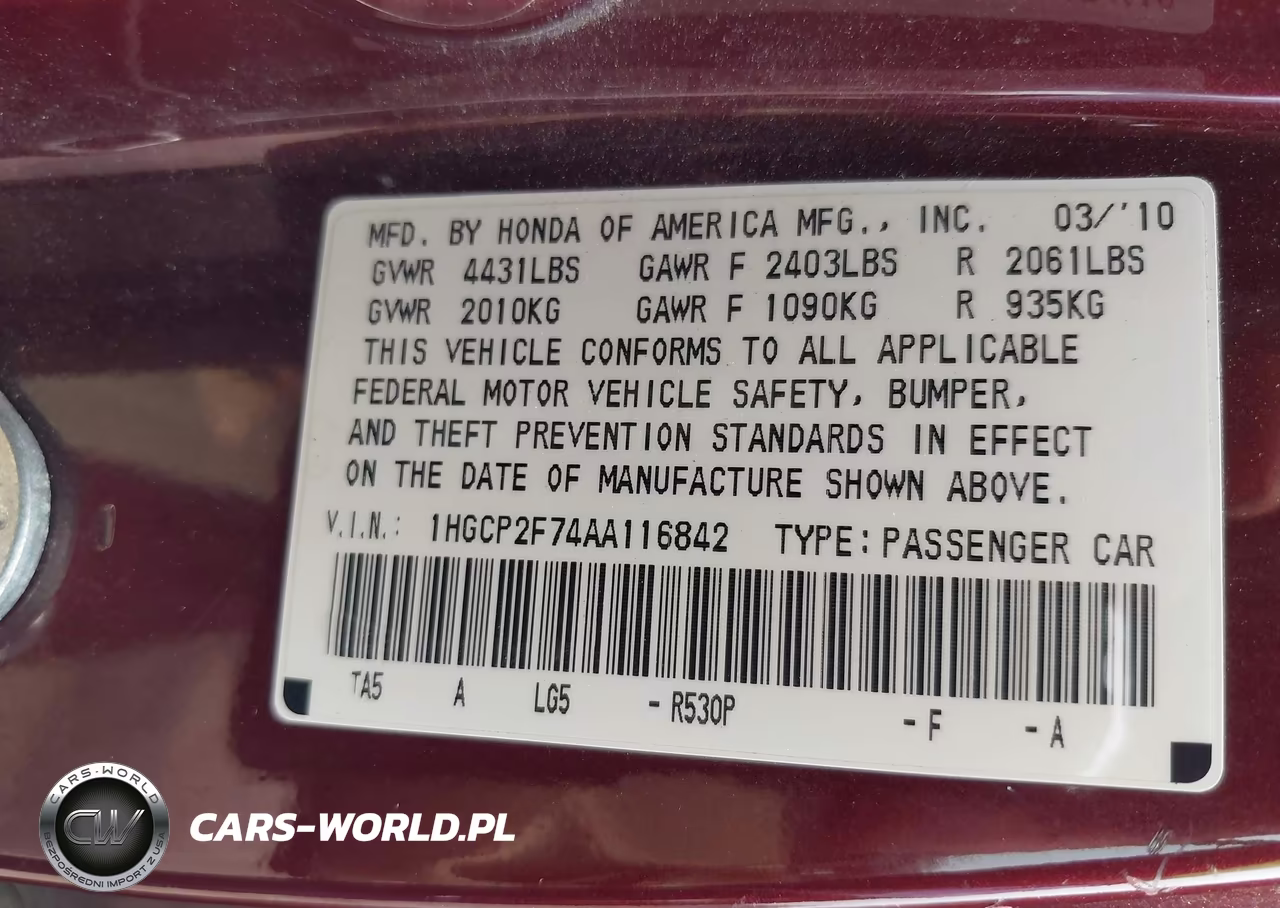 2010 Honda Accord 2.4 Ex VIN:1HGCP2F74AA116842 - 9