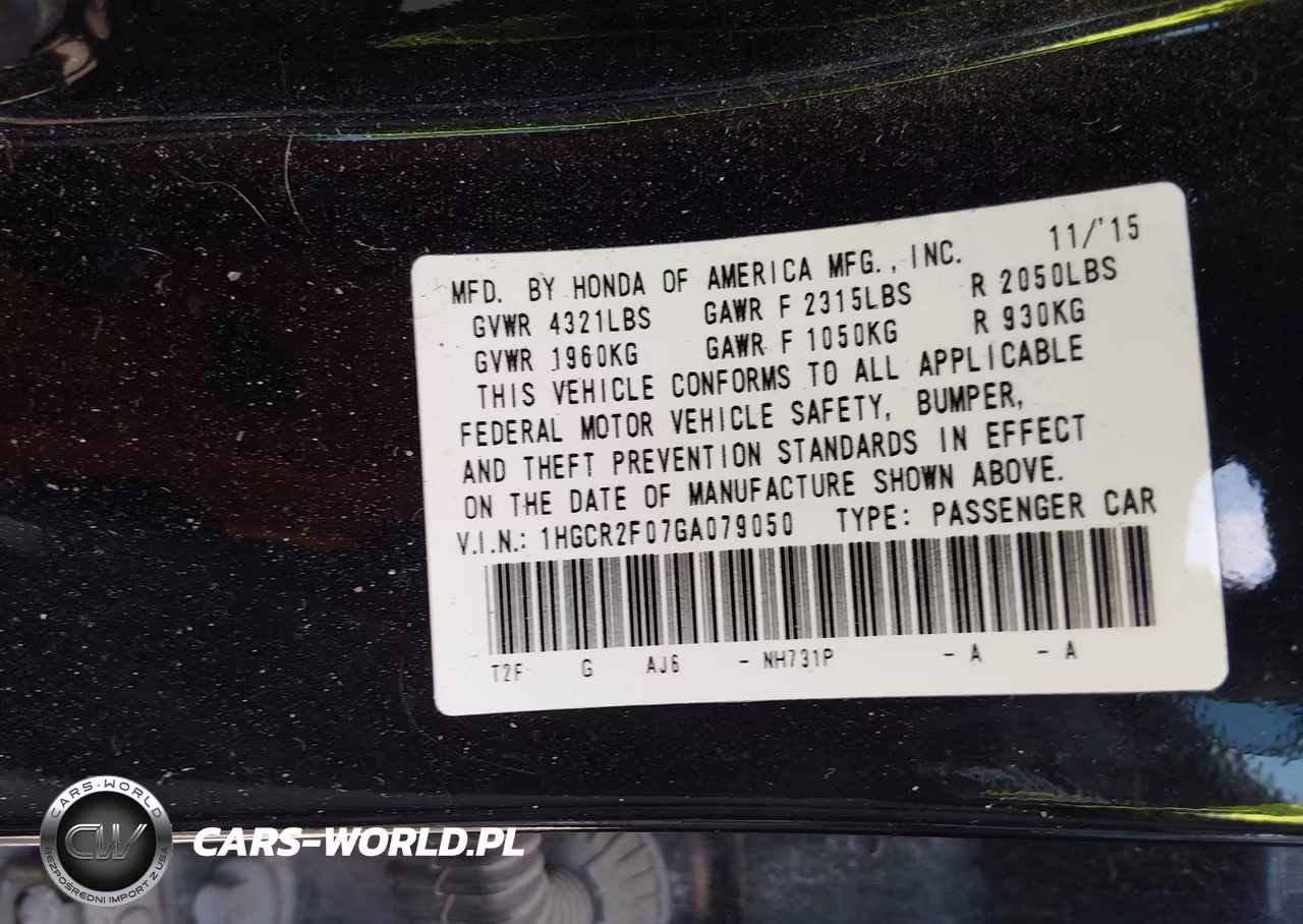 2016 Honda Accord Ex VIN:1HGCR2F07GA079050 - 9