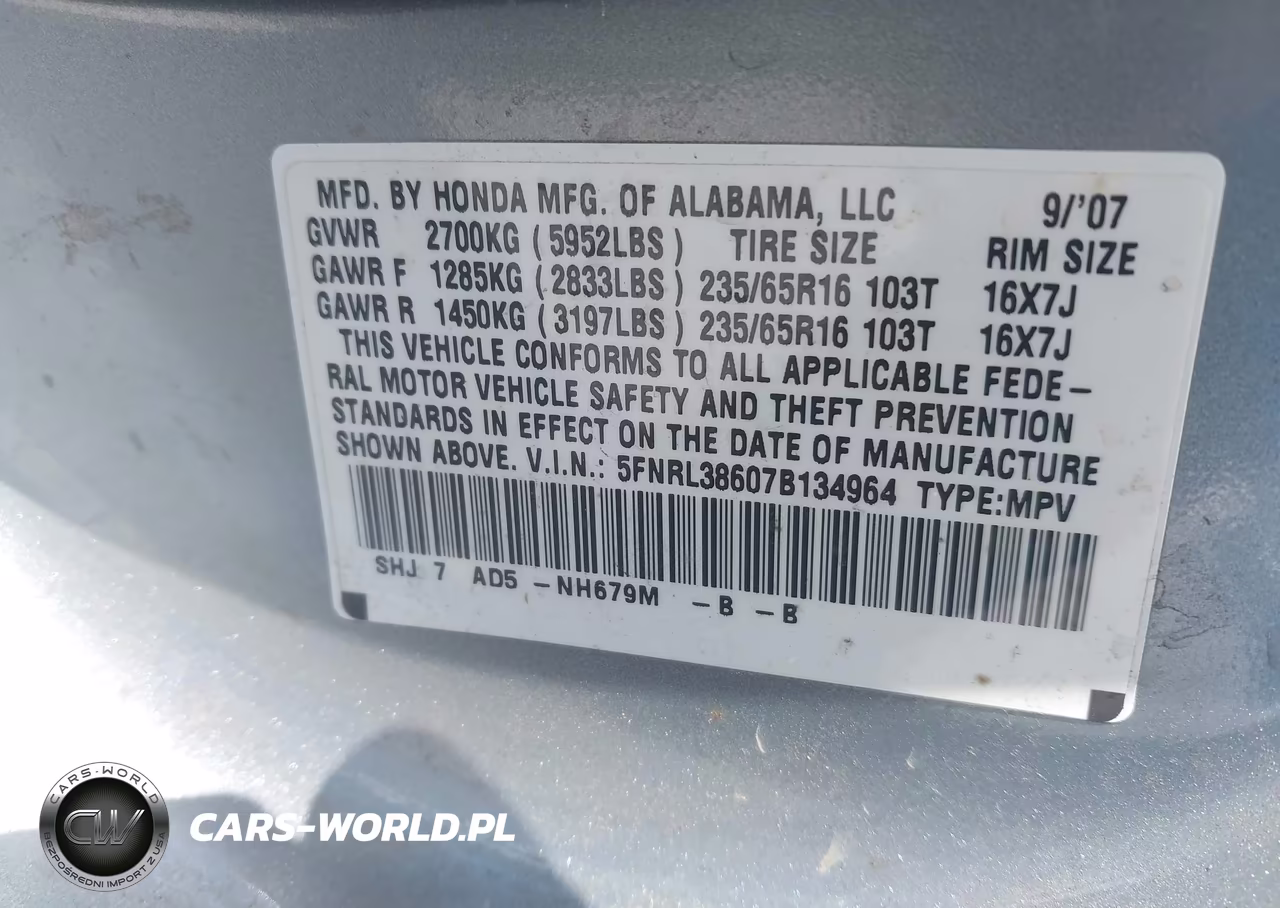 2007 Honda Odyssey Ex-L VIN:5FNRL38607B134964 - 9