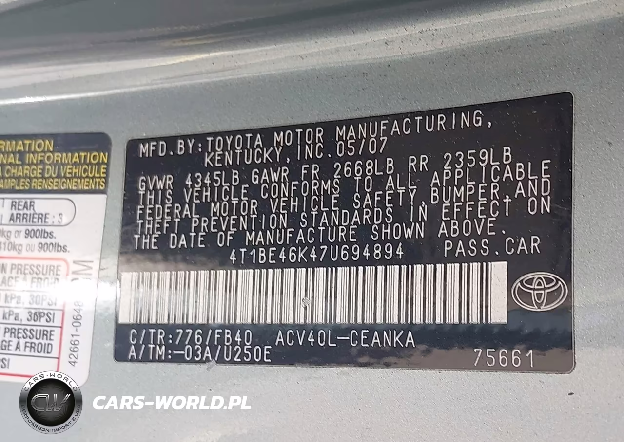 2007 Toyota Camry Le VIN:4T1BE46K47U694894 - 9