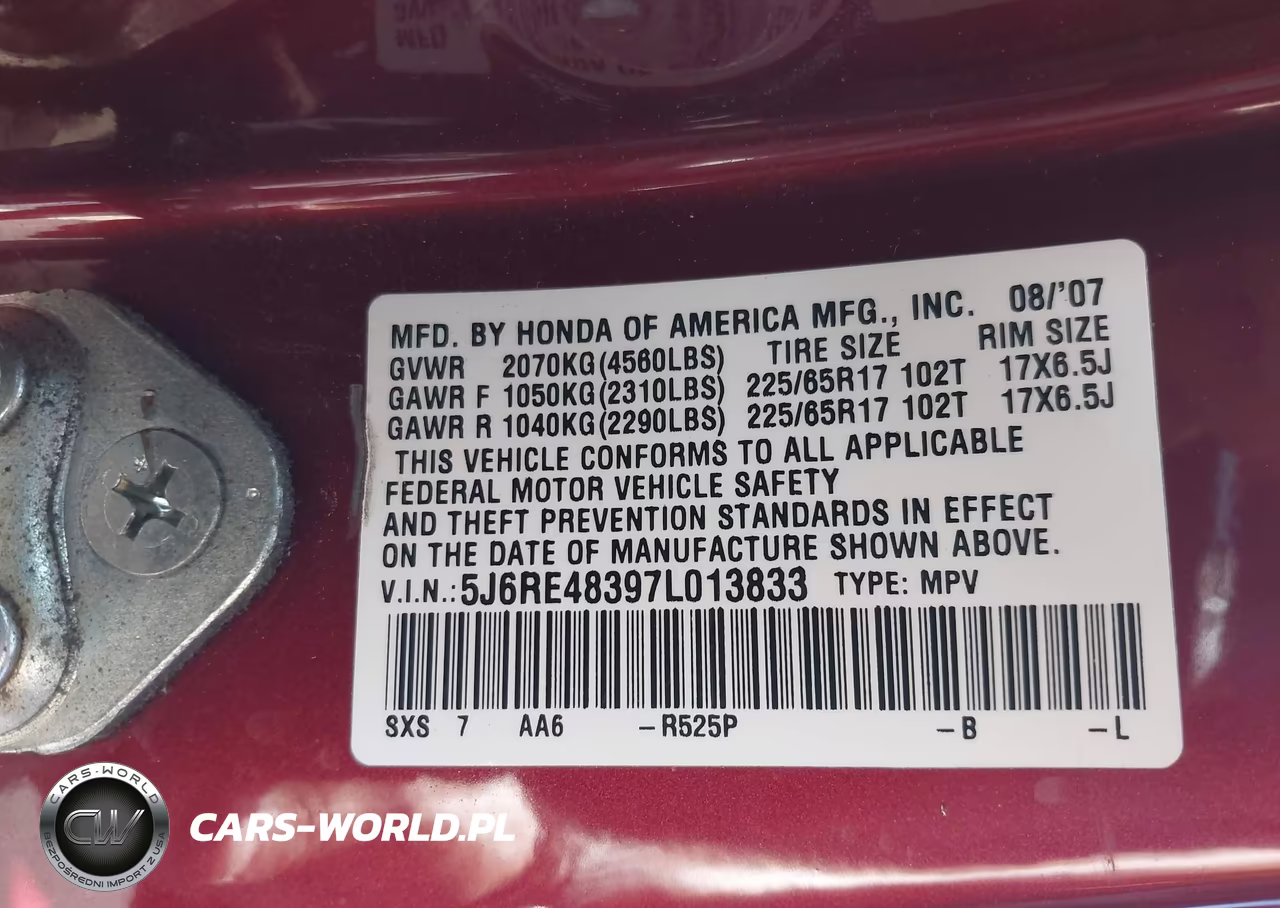 2007 Honda Cr-V Lx VIN:5J6RE48397L013833 - 9