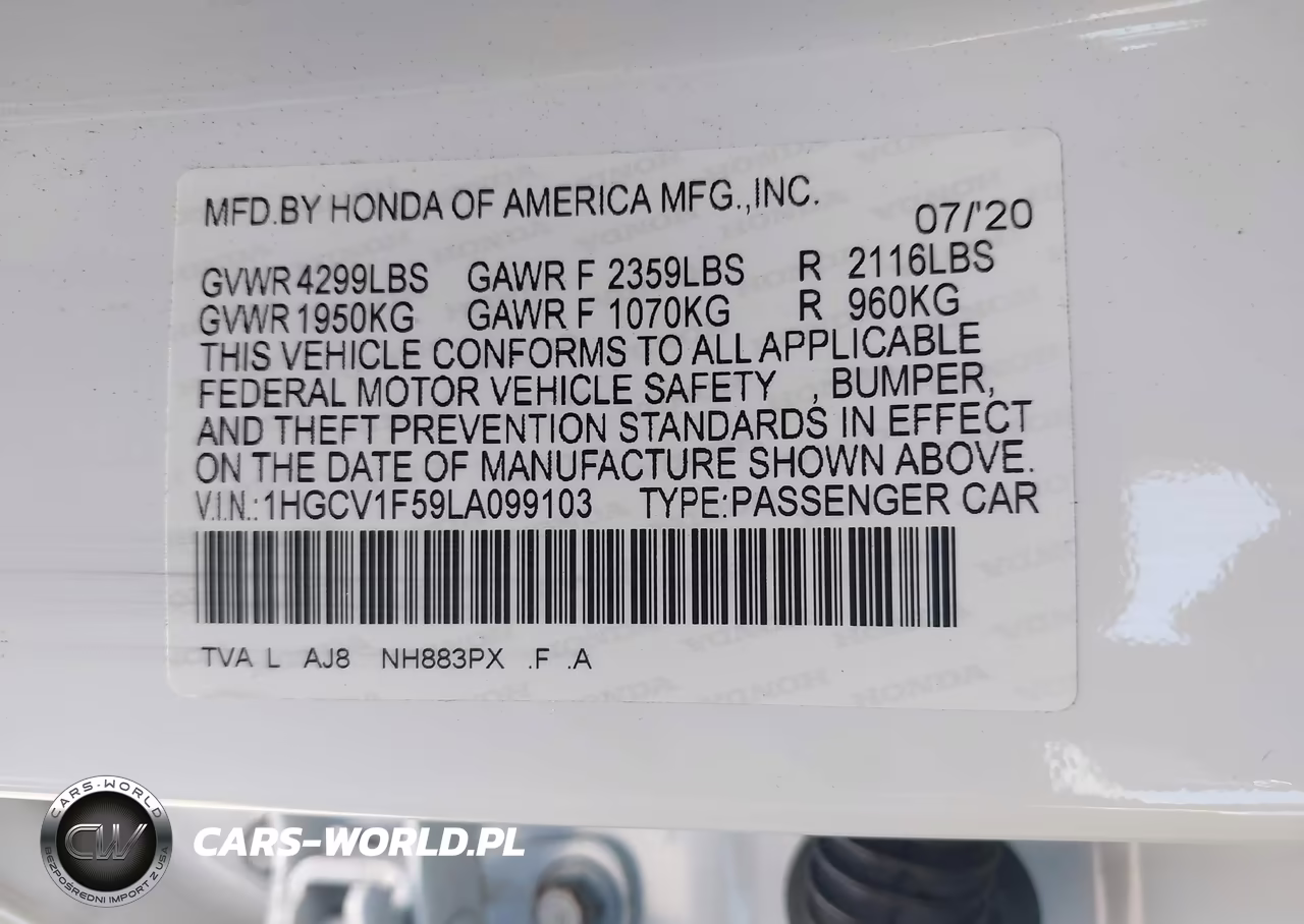 2020 Honda Accord Ex-L VIN:1HGCV1F59LA099103 - 9