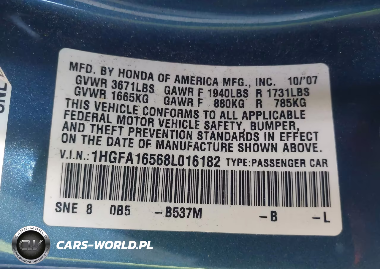 2008 Honda Civic Lx VIN:1HGFA16568L016182 - 9
