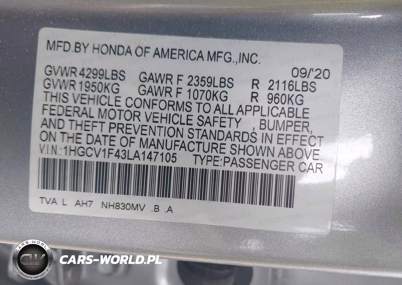2020 Honda Accord Ex VIN:1HGCV1F43LA147105 - 9