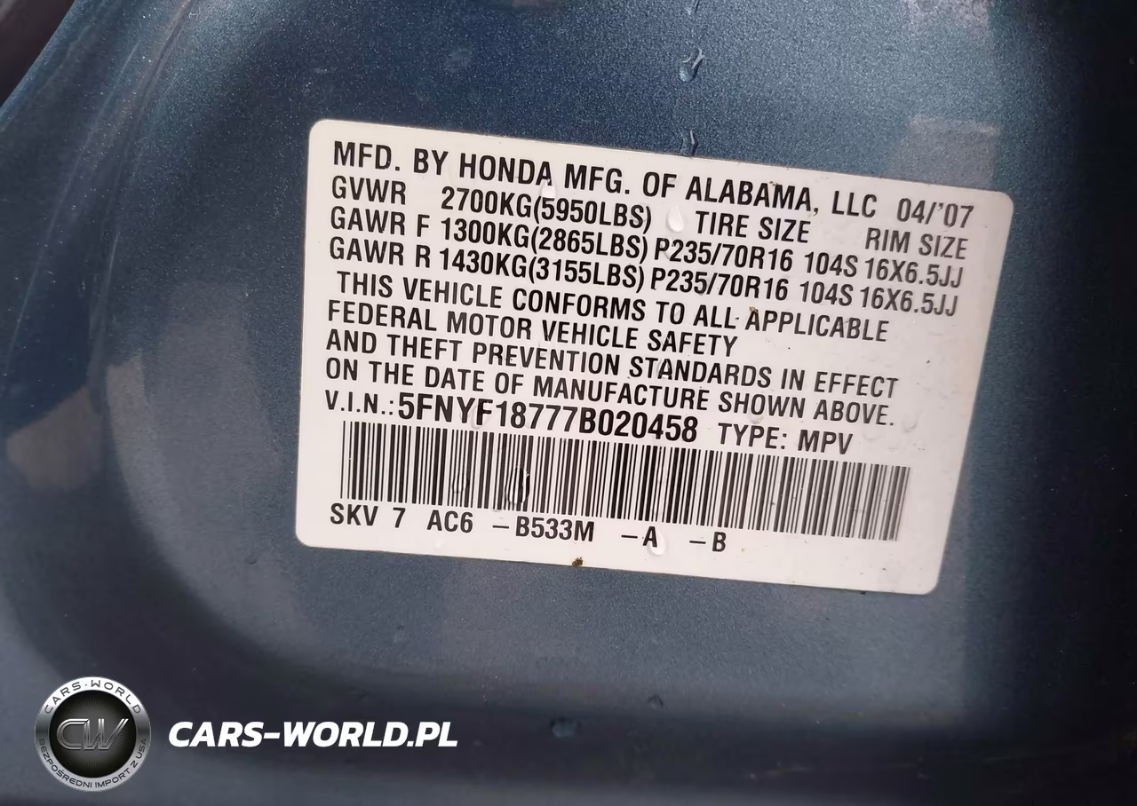 2007 Honda Pilot Ex-L VIN:5FNYF18777B020458 - 9